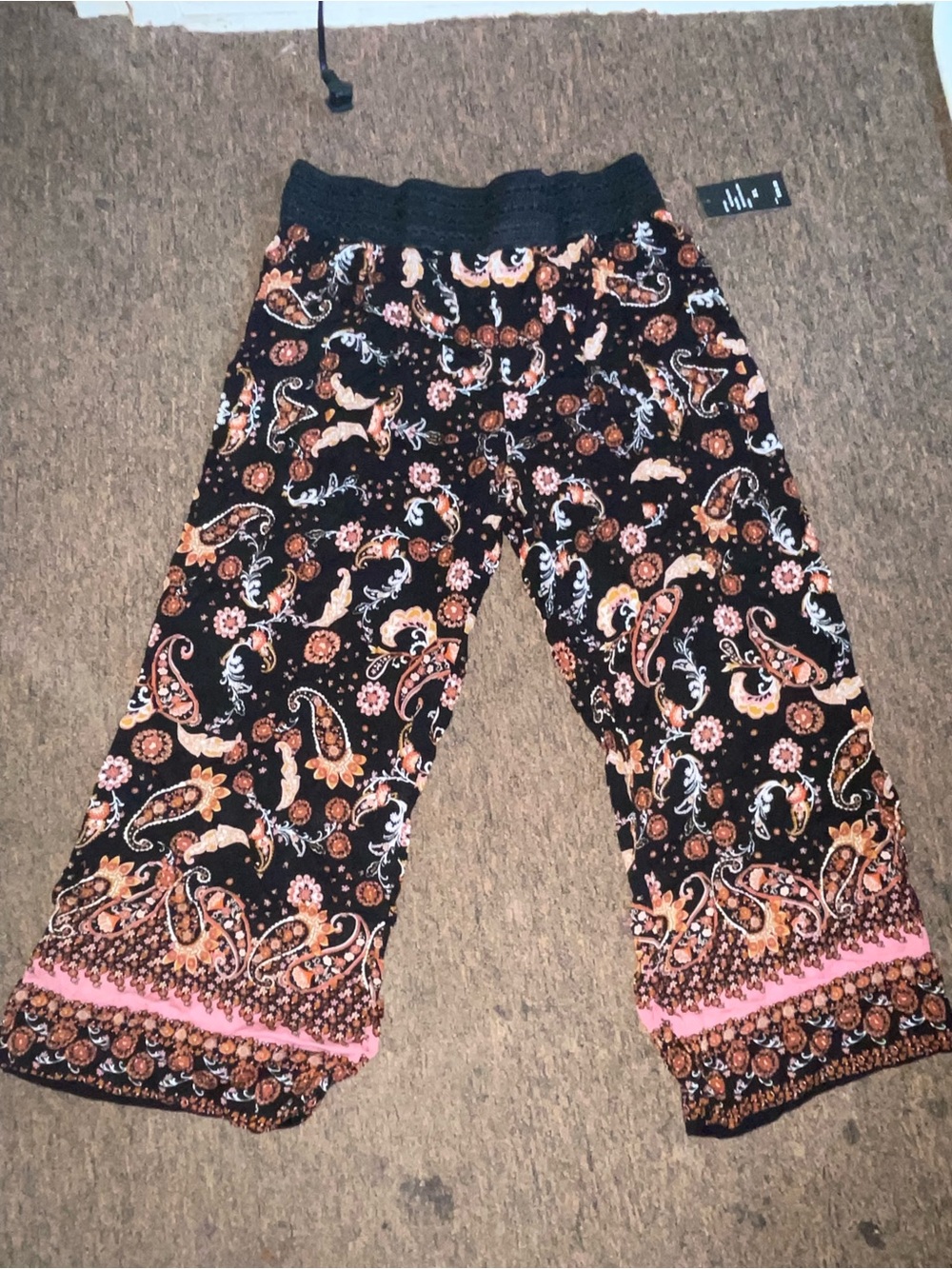Robert Louis Black Paisley Wide-Leg Pants with Pink Trim